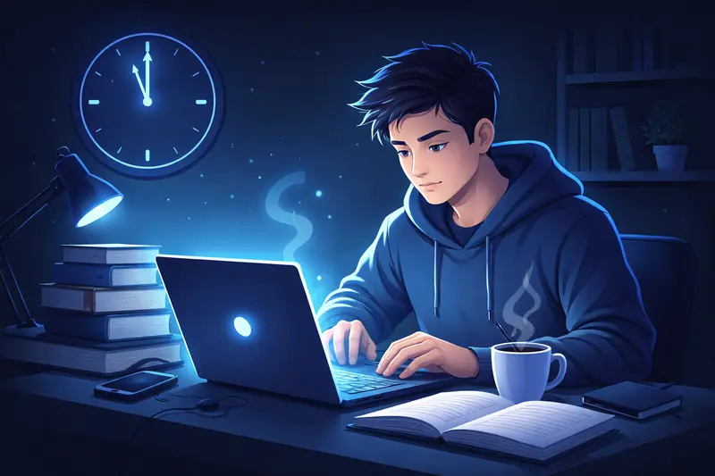 Student lernt konzentriert in der Nacht vor der Klausur am Laptop