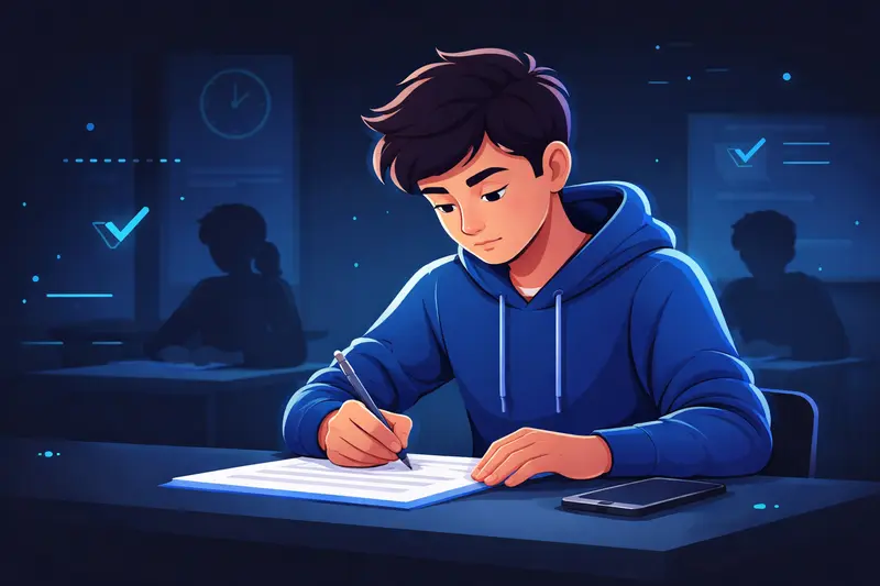 Schüler schreibt konzentriert eine Klausur am Schreibtisch