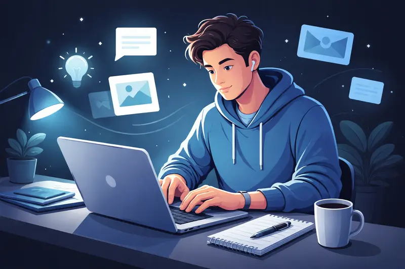 Schüler schreibt eine Kolumne am Laptop mit Notizheft daneben