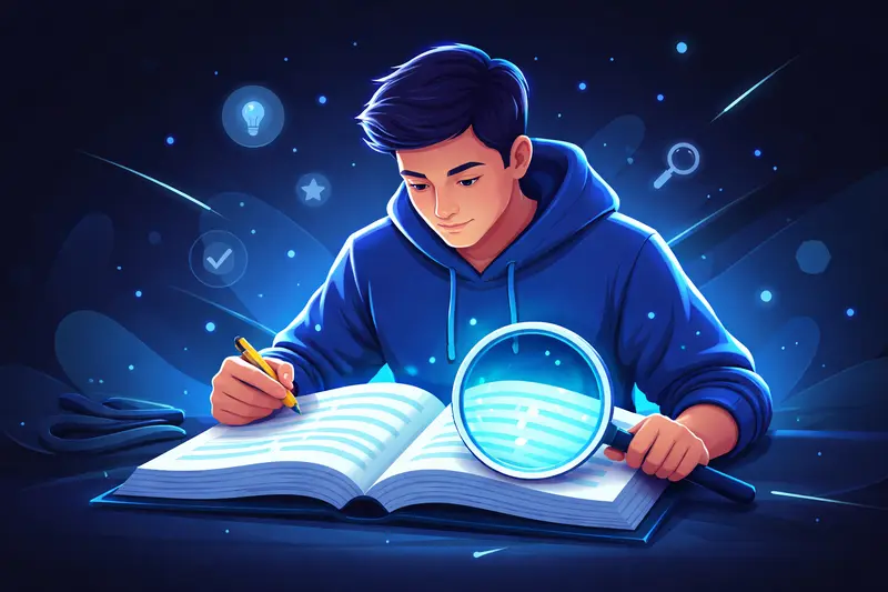 Student liest konzentriert ein Buch mit Fokus-Effekt