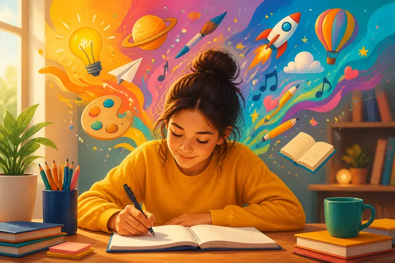 Schüler schreibt kreativ in ein Notizbuch mit bunten Ideen