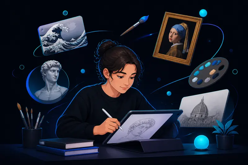 Schüler lernt Kunstgeschichte und Bildbetrachtung am Tablet