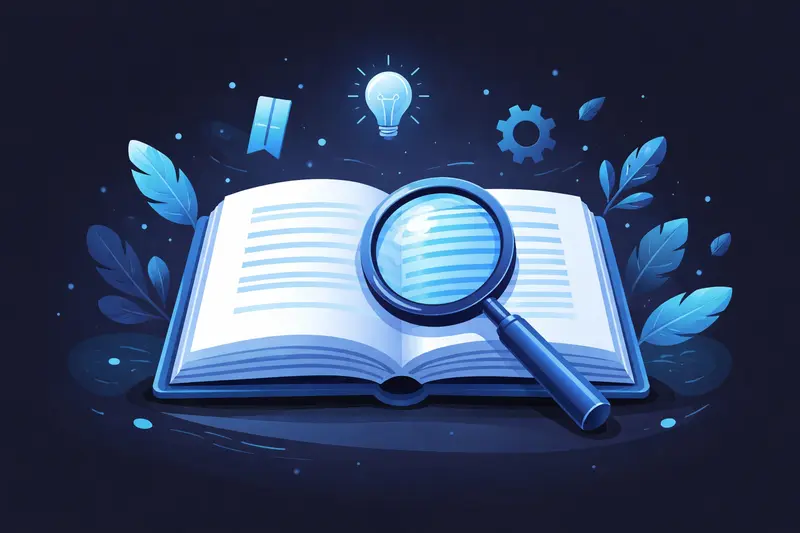 Aufgeschlagene Kurzgeschichte mit Lupe als Symbol für literarische Analyse