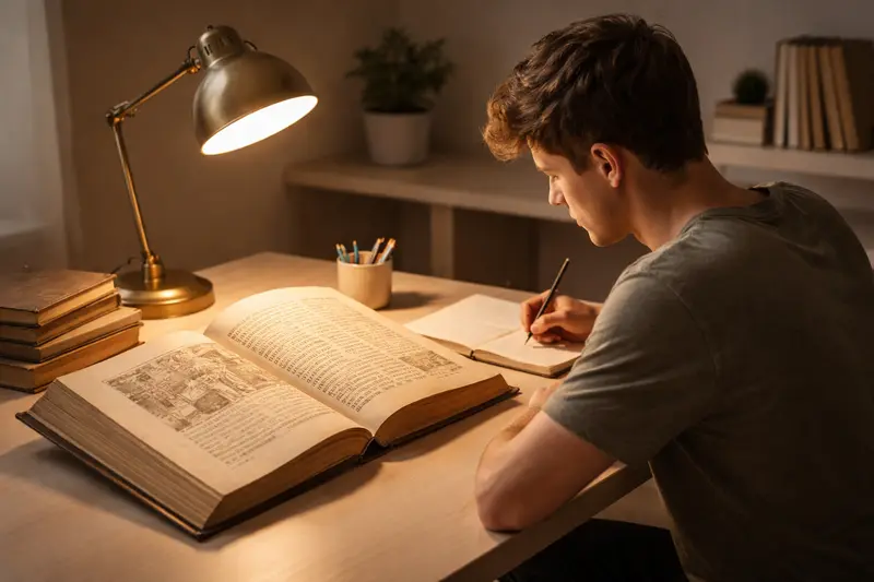 Schüler bereitet sich auf das Latein Abitur vor mit Lateintexten und Lernunterlagen