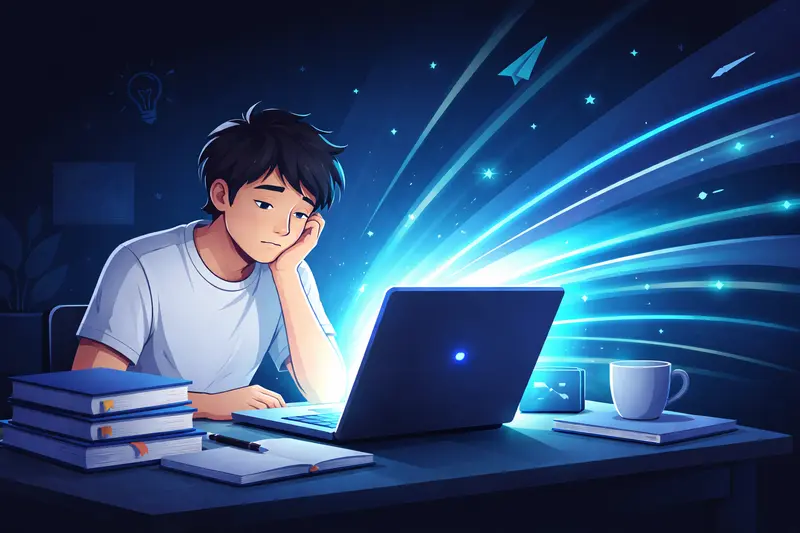 Schüler am Schreibtisch ohne Motivation, mit Laptop und Büchern