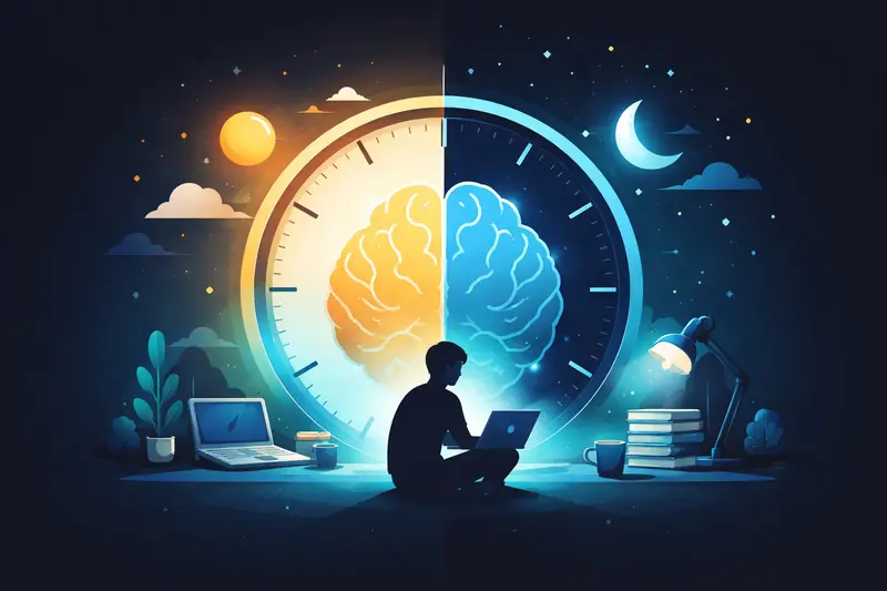 Illustration von Morgen- und Abendstimmung mit Uhr und Gehirn, symbolisiert die Frage nach der besten Lernzeit