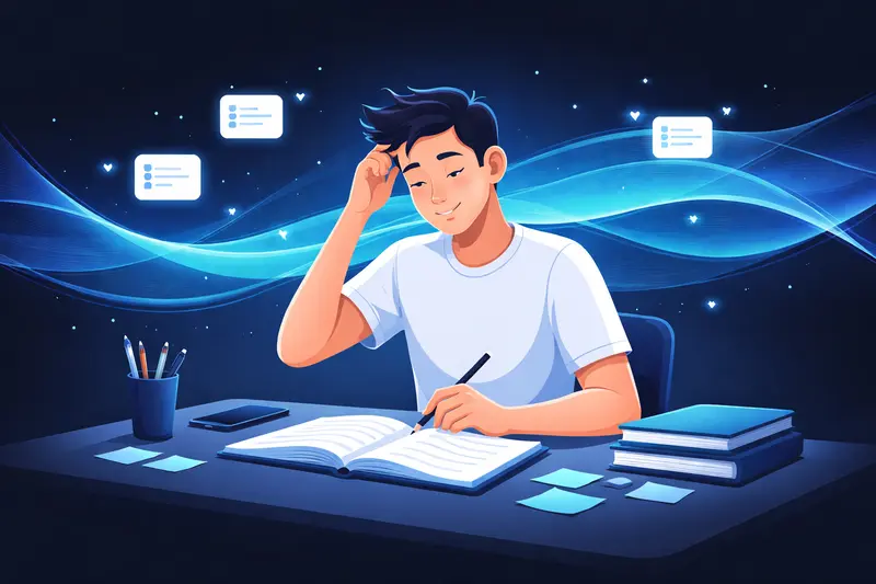 Schüler bewältigt Lernstress durch strukturiertes Lernen und Entspannungstechniken