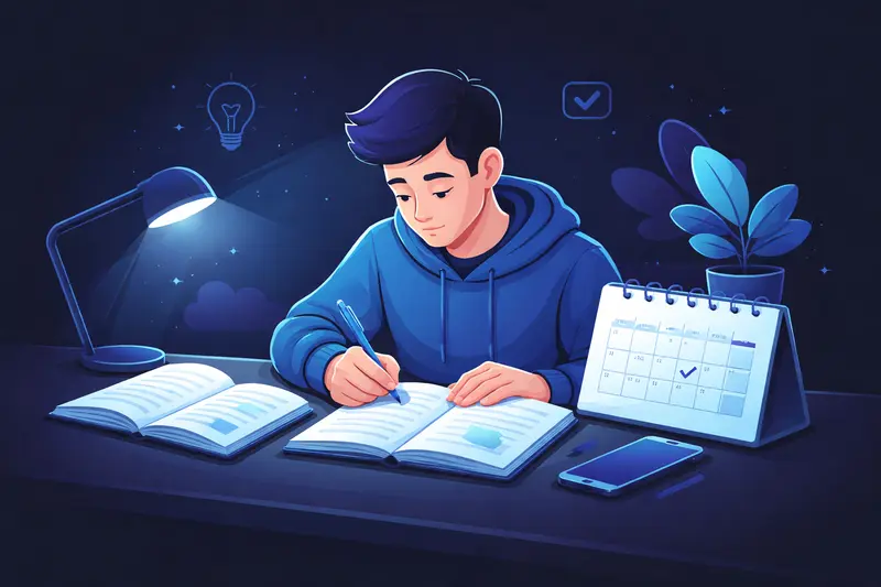 Lerntagebuch führen: Person schreibt in ein Notizbuch, umgeben von Büchern und Lernmaterialien