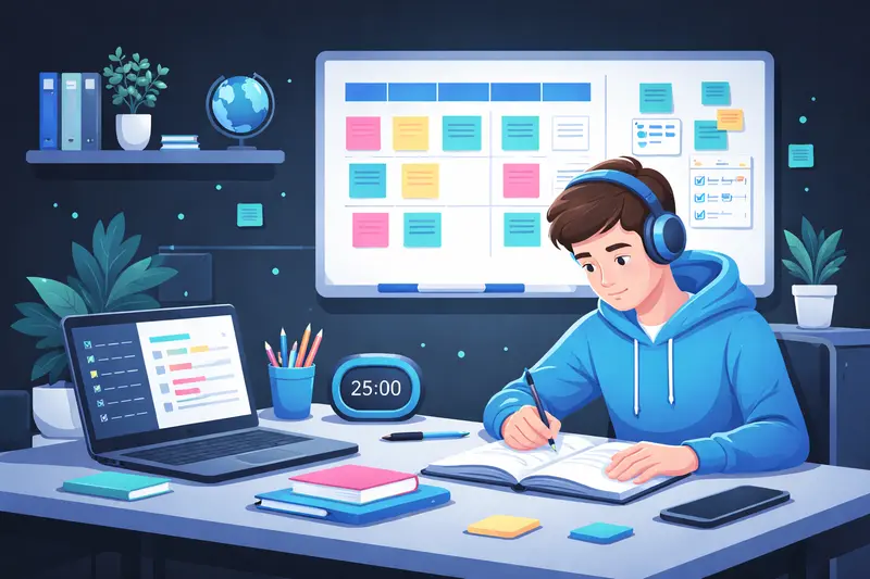 Strukturierter Lernplatz mit Notizen und Timer für ADHS-freundliches Lernen