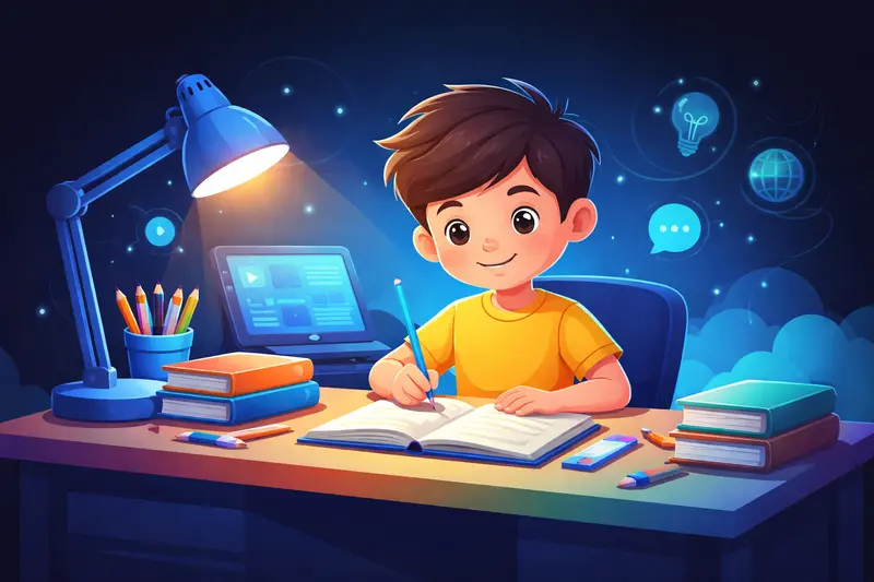 Kind sitzt am Schreibtisch und lernt mit Schulheften und Büchern