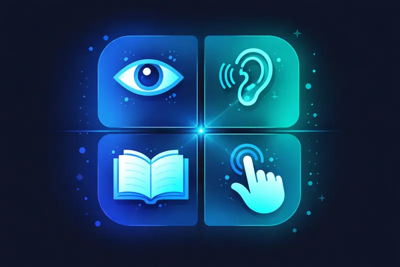 VARK-Modell: Vier Lerntypen als abstrakte Icons auf dunklem Hintergrund