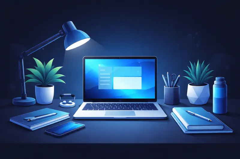 Perfekt eingerichteter Lernplatz mit Laptop, Notizbüchern und guter Beleuchtung