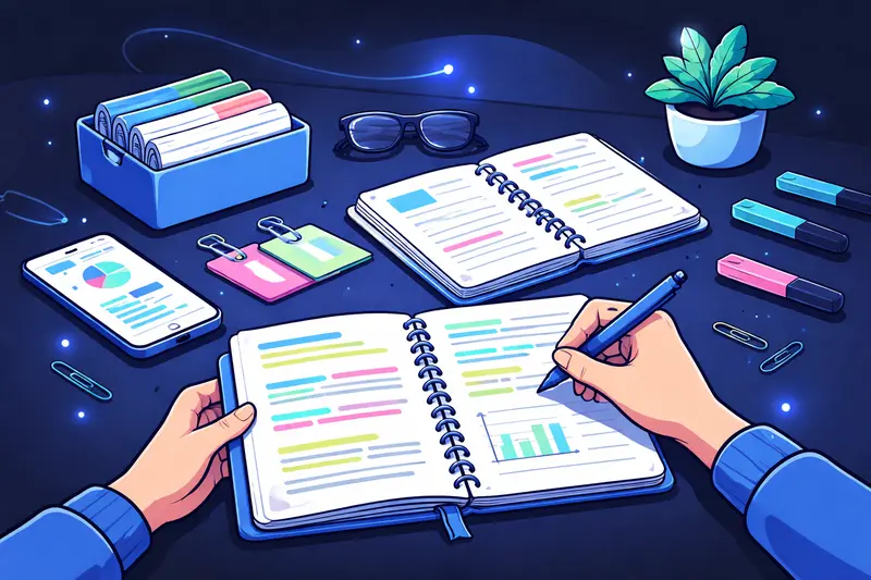 Schüler erstellt strukturierte Lernzettel mit farbigen Markierungen und Notizen