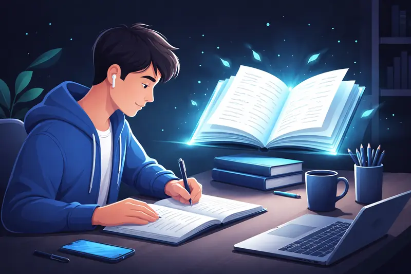 Schüler liest ein Buch und schreibt Notizen in ein Heft für das Lesetagebuch