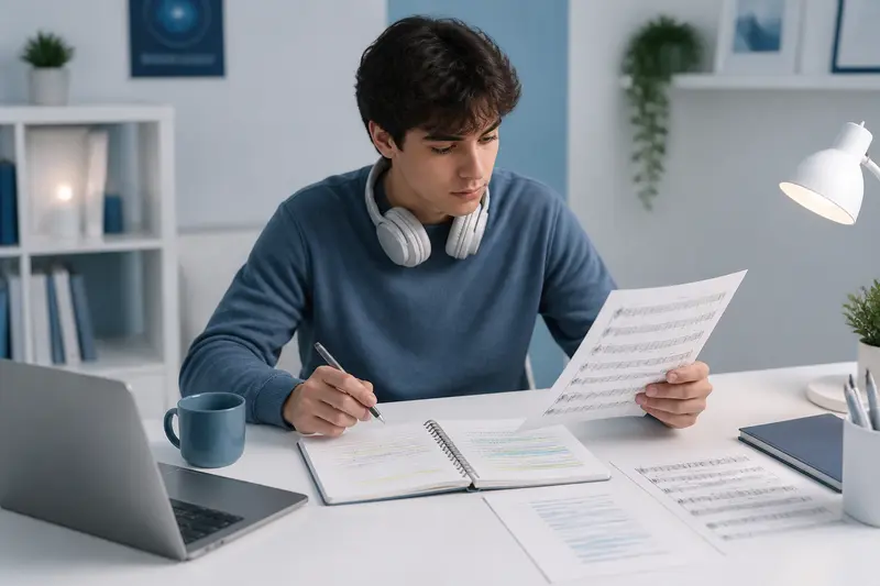 Schüler analysiert einen Liedtext am Schreibtisch mit Notizbuch und Kopfhörern