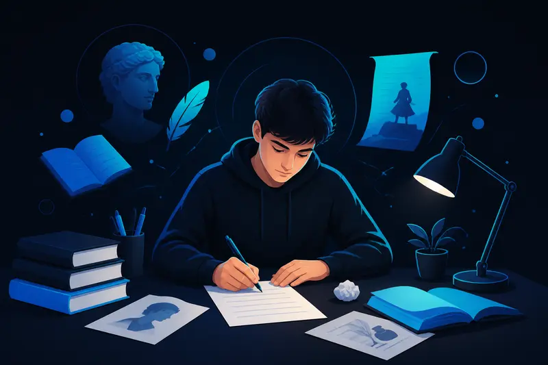 Schüler schreibt eine literarische Erörterung am Schreibtisch mit Büchern