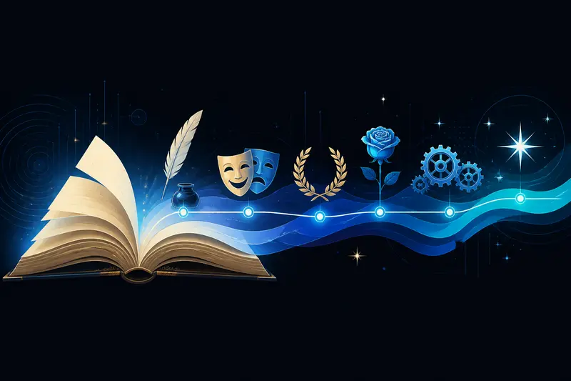 Illustration eines aufgeschlagenen Buches, dessen Seiten in einen Zeitstrahl mit literarischen Symbolen wie Feder, Theatermasken und Lorbeerkranz übergehen