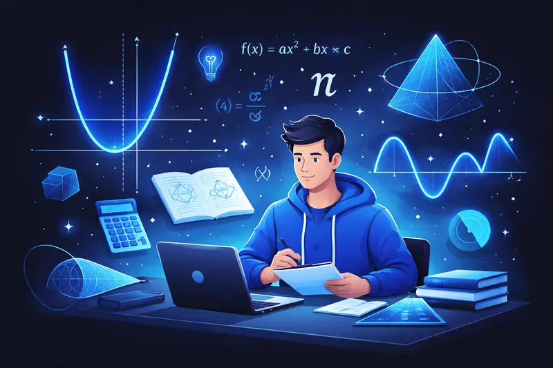 Mathe Abitur Vorbereitung: mathematische Symbole, Graphen und Gleichungen als digitale Illustration