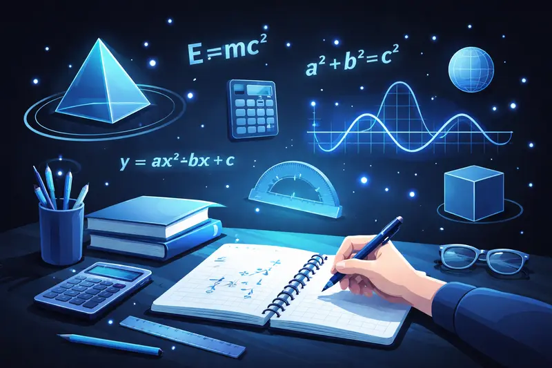 Illustration zum Thema Mathe lernen mit geometrischen Formen und Gleichungen