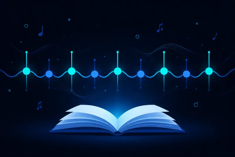 Stilisierte Darstellung von betonten und unbetonten Silben als Wellenform über einem aufgeschlagenen Buch