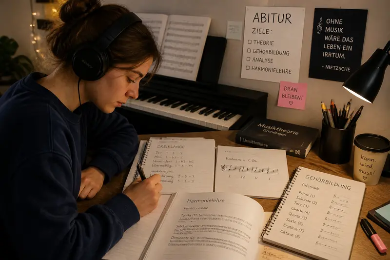Schüler lernt Musiktheorie mit Notenblättern für das Musik Abitur