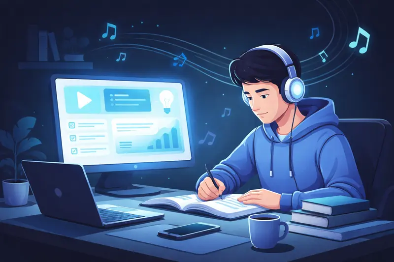 Schüler mit Kopfhörern beim Lernen am Schreibtisch