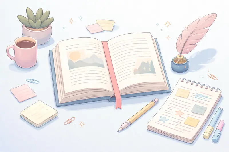 Illustration einer aufgeschlagenen Novelle mit Feder und Notizen auf einem Schreibtisch