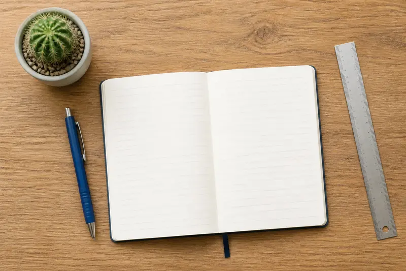 Alltägliche Gegenstände auf einem Holzschreibtisch: Stift, Notizbuch, kleiner Kaktus und ein Lineal