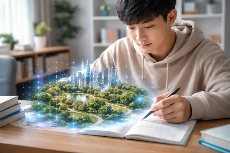Schüler schreibt eine Ortsbeschreibung mit schwebendem Stadtplan als Illustration