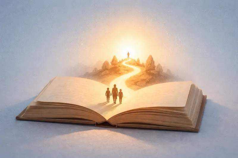 Aufgeschlagenes Buch, aus dem eine kleine Szene mit Figuren und einem Weg ins Licht aufsteigt — Symbol für die Bildebene einer Parabel.