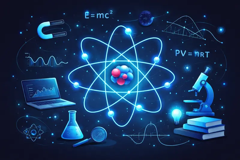 Physik lernen Tipps: Atommodell und Formeln auf dunklem Hintergrund