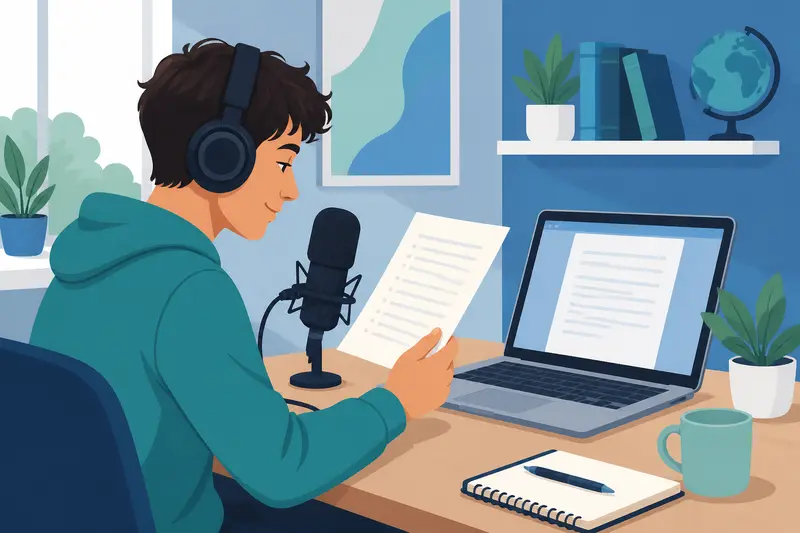 Schüler schreibt ein Podcast-Skript am Laptop mit Mikrofon auf dem Tisch