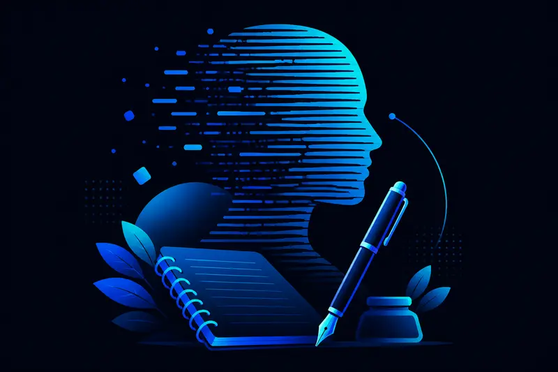 Stilisierte menschliche Silhouette aus Schreibelementen und Text als Symbol für das Porträt schreiben