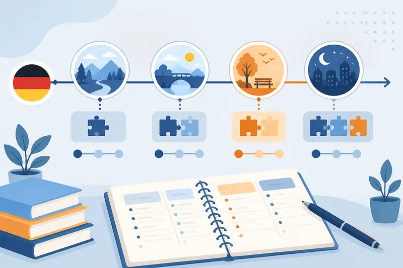 Illustration zu Zeitformen und Präteritum bilden mit Notizbuch und Zeitleiste