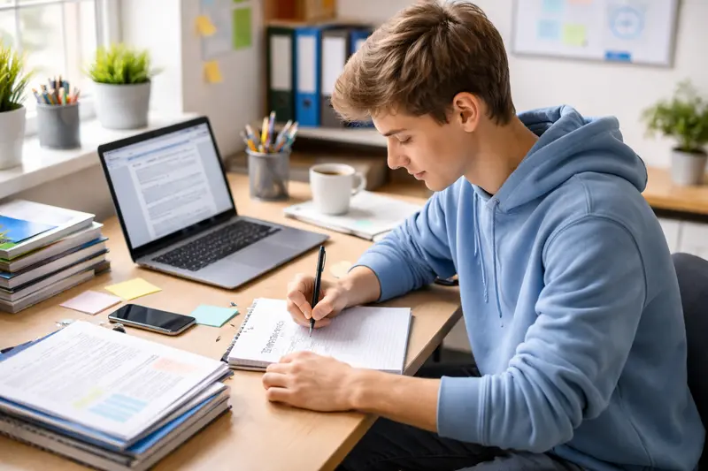 Schüler schreibt Praktikumsbericht am Schreibtisch mit Notizen und Laptop