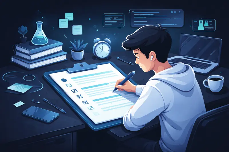 Schüler schreibt strukturiertes Protokoll mit klaren Abschnitten und Checkliste