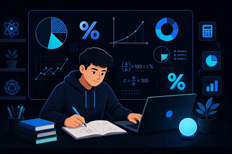 Schüler lernt Prozentrechnung mit Kreisdiagramm und mathematischen Formeln