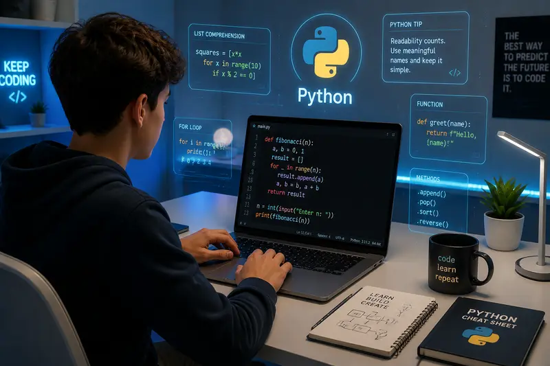 Schüler lernt Python programmieren am Laptop mit farbigem Code auf dem Bildschirm