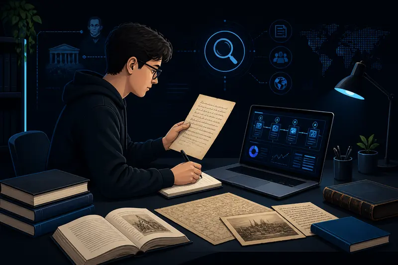 Student analysiert historische Dokumente mit Büchern und Laptop