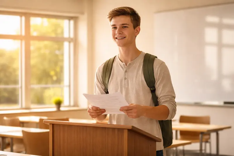 Schüler steht am Rednerpult in einem modernen Klassenzimmer und hält eine Rede