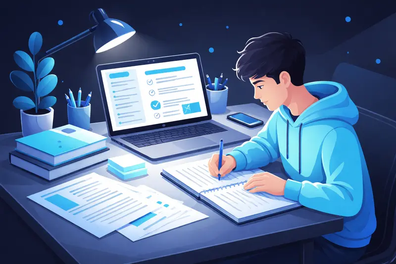 Schüler schreibt ein Referat am Schreibtisch mit Notizen und Laptop