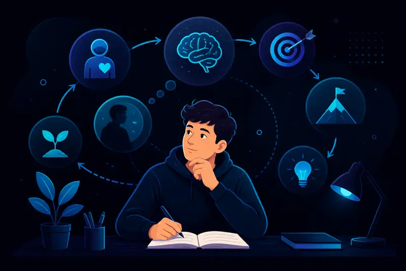 Schüler sitzt am Schreibtisch und schreibt nachdenklich in ein Notizbuch, symbolisch für den Reflexionsprozess