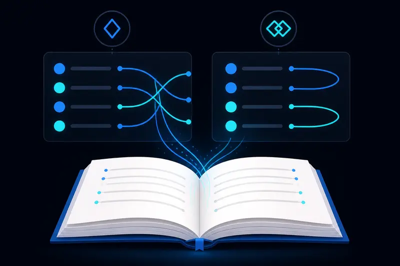 Illustration eines aufgeschlagenen Gedichtbands mit farbigen Linien, die Reimschemata zwischen Versen visualisieren