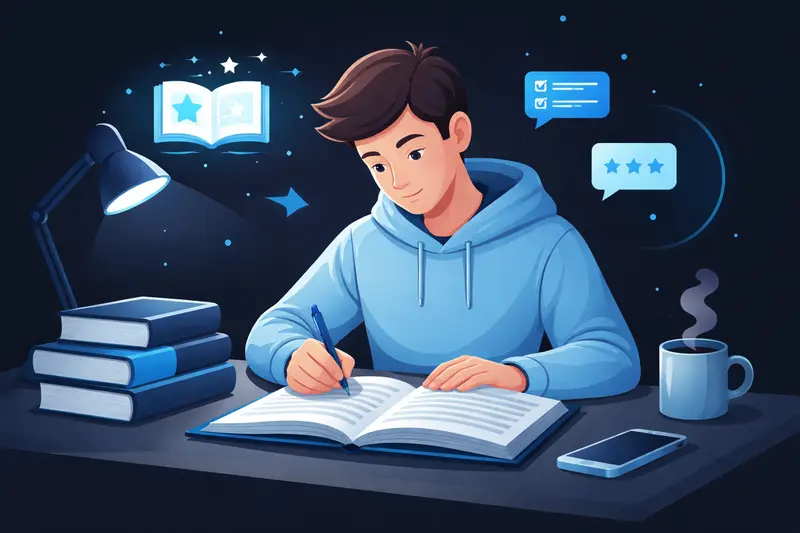 Schüler schreibt eine Buchrezension am Schreibtisch mit Büchern