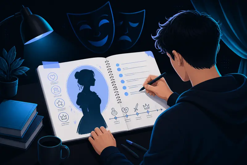 Illustration zu einer Rollenbiografie: Notizbuch mit Charaktersilhouette und Zeitstrahl vor einem Theatermasken-Motiv