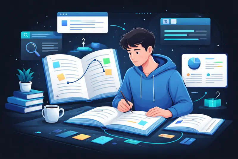 Schüler analysiert einen Roman mit Notizen und Analysestruktur