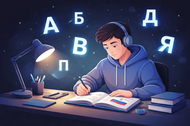 Student lernt Russisch mit kyrillischen Buchstaben und Karteikarten