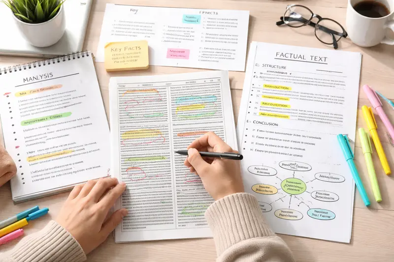 Schüler analysiert einen Zeitungsartikel mit Notizen und Markierungen für die Sachtextanalyse
