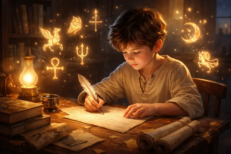 Schüler schreibt eine Sage an einem Holztisch mit Pergament und mythologischen Symbolen