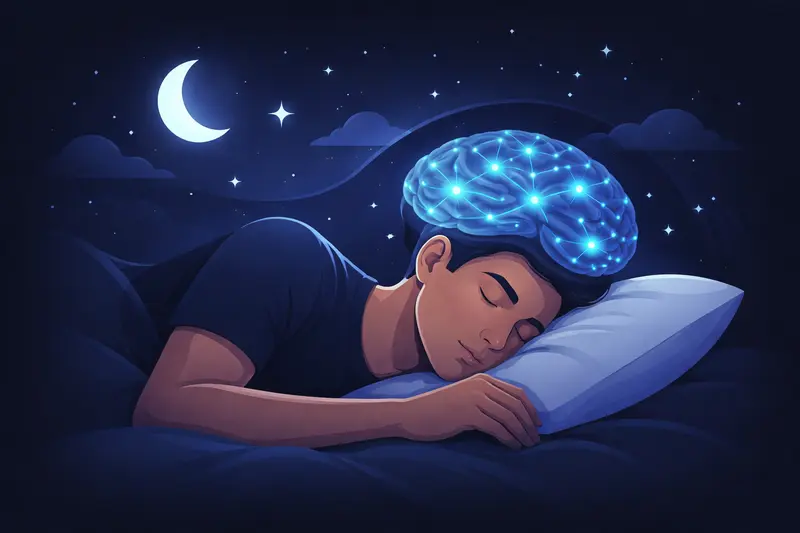 Schlafendes Gehirn mit leuchtenden neuronalen Verbindungen symbolisiert Gedächtniskonsolidierung